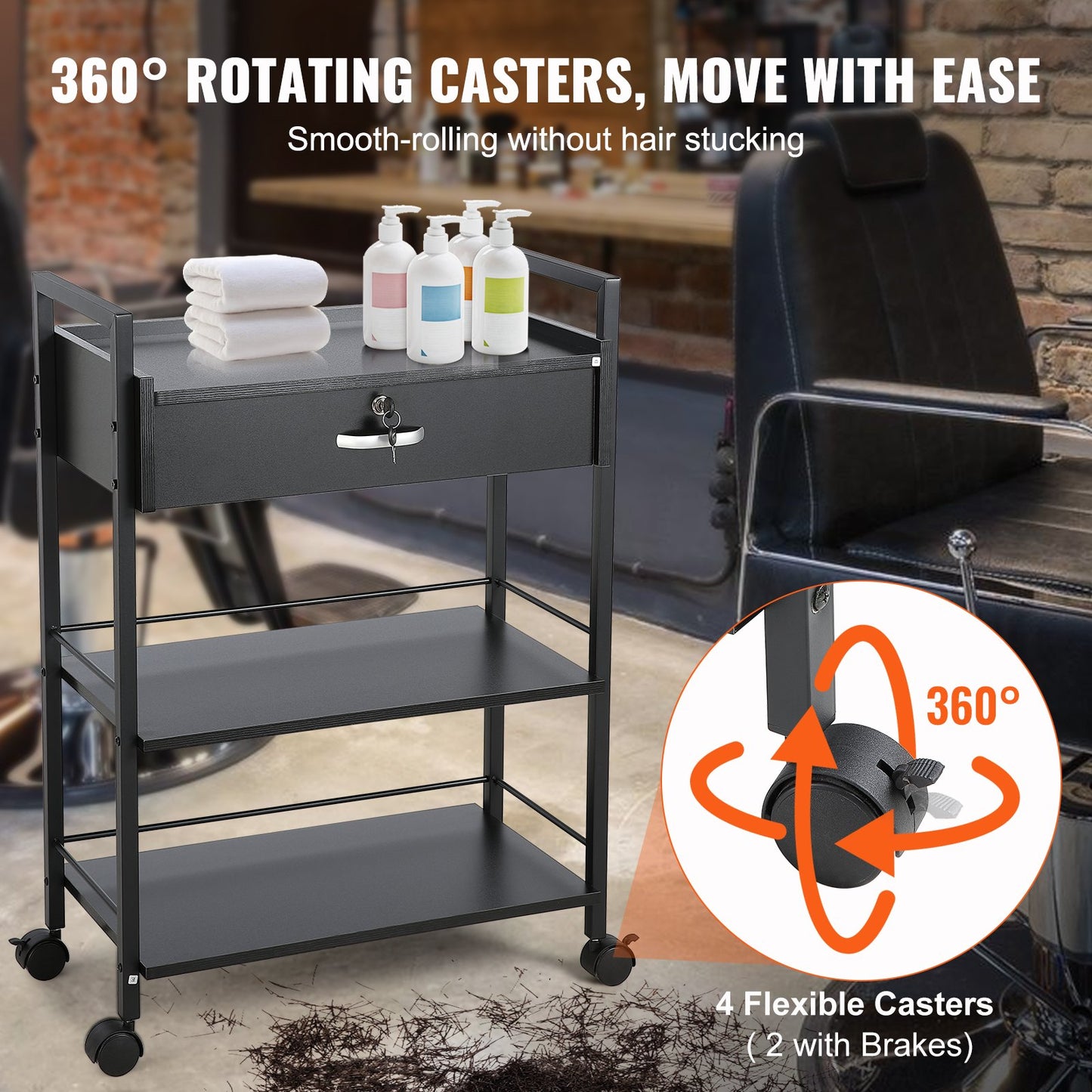 Beauty Salon Trolley Cart, 3-Tier Hair Salon Stations Cabinet For Stylist With Lockable Drawer, MDF Rolling Storage Station With 4 Wheels (2 Lockable) For Beauty SPA Barbershop Tattoo