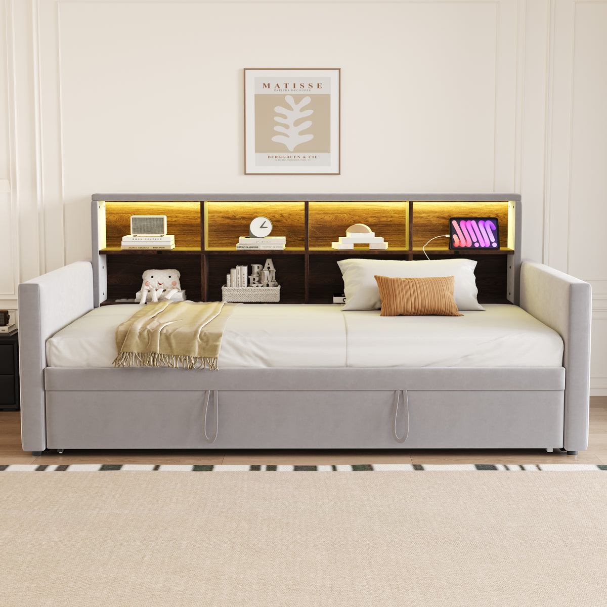 Upholstered Bed Sofa Bed 90x190cm, Headboard With Integrated Storage Compartments, LED Light Strip And Charging Sockets, With Pull-out Bed, Velvet Upholstery, Light Grey