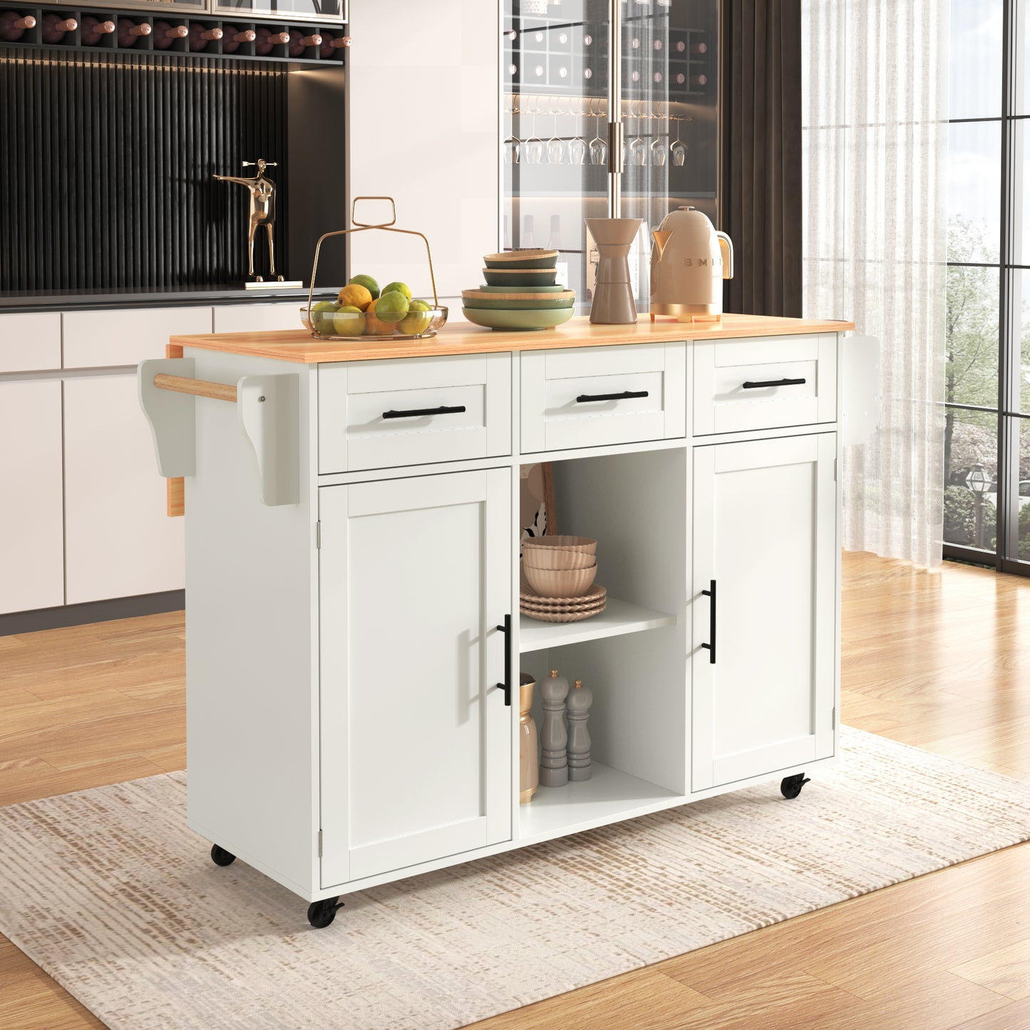 139x46 X91.5 Cm Large Dining Trolley Sideboard, White Body Solid Wood Grain Worktop, Foldable Worktop, Storage Door, Castors, Interchangeable Solid Wood Feet, Suitable For Dining Room, Kitchen