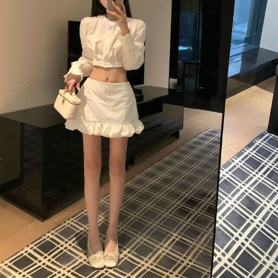 Korean New Fashion Set White Short Long Sleeve Shirt Women