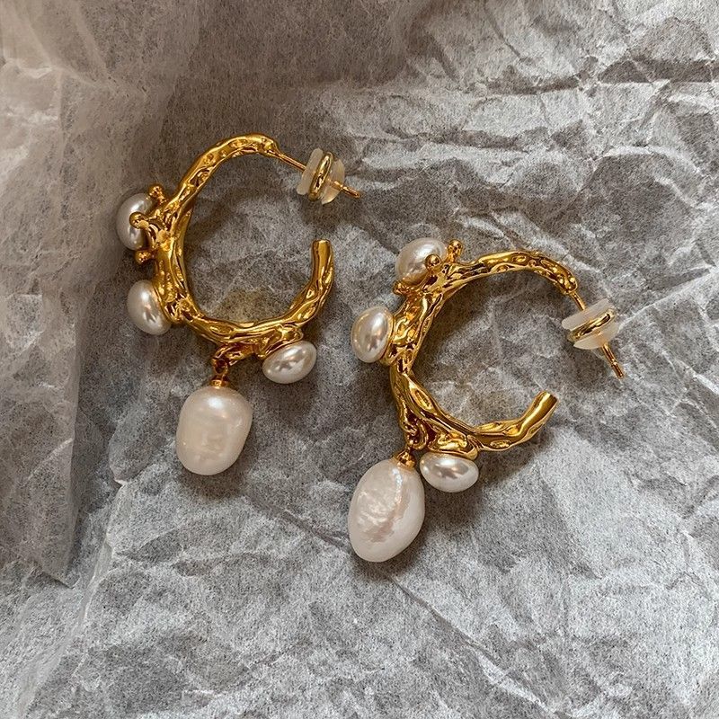 Best Selling Natural Baroque Pearl Vintage Old Money Gold Stud Earrings For Women, Elegant Light Luxury High-End Fashion Ear Jewelry