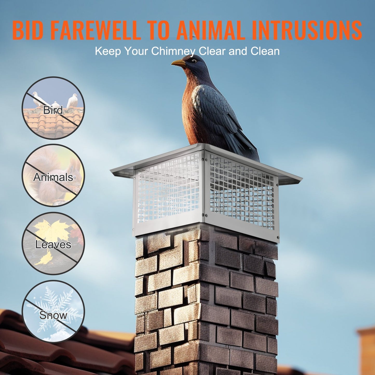 Chimney Cap, 17 X 17 Inch, 304 Stainless Steel Fireplace Chimney Cover, Not Easily Toppled & Practical Accessories & Easy Installation, Fits Mesh Flue Covers Outside Clay Flue Shingles, Silver