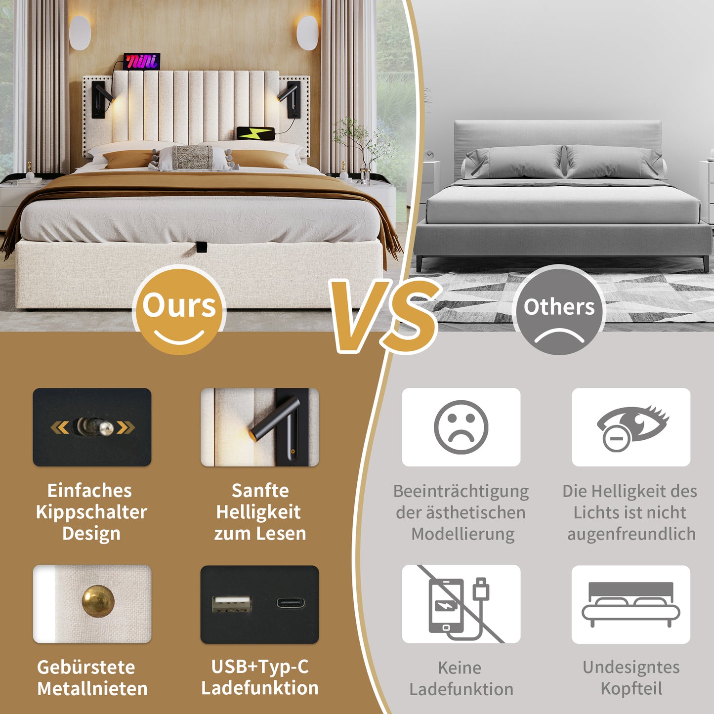 Upholstered Bed 140x200,double Bed Storage Storage Bed Box,reading Light With USB Charging Function Headboard,backrest With Rivet Design,bed With Slatted Base And Bed Box, Cotton, Beige Without Mattr