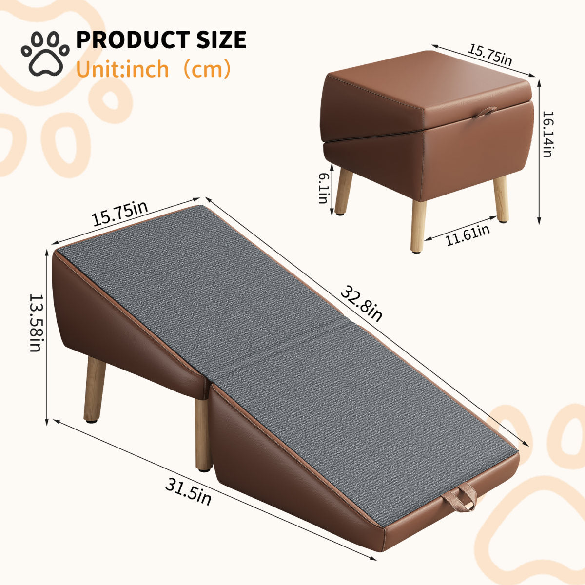 (UPGRADED) Dog Stairs for Small Dogs and Cats, Dog Ramp for Couch and Bed, Foldable 2-in-1 Wooden Pet Steps for Puppy, Split Ottoman Design (BROWN)