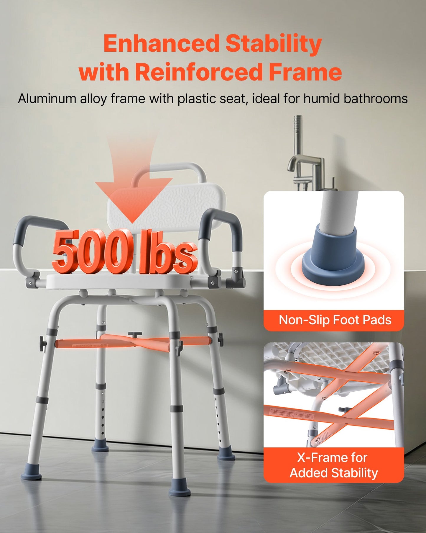Swivel Shower Chair With Arms And Back, 500 Lbs Heavy Duty Bench Seat For Inside Shower Stall And Bathtub, Height Adjustable Bathroom Bath Tub Seat For Adults, Seniors, Elderly And Disabled