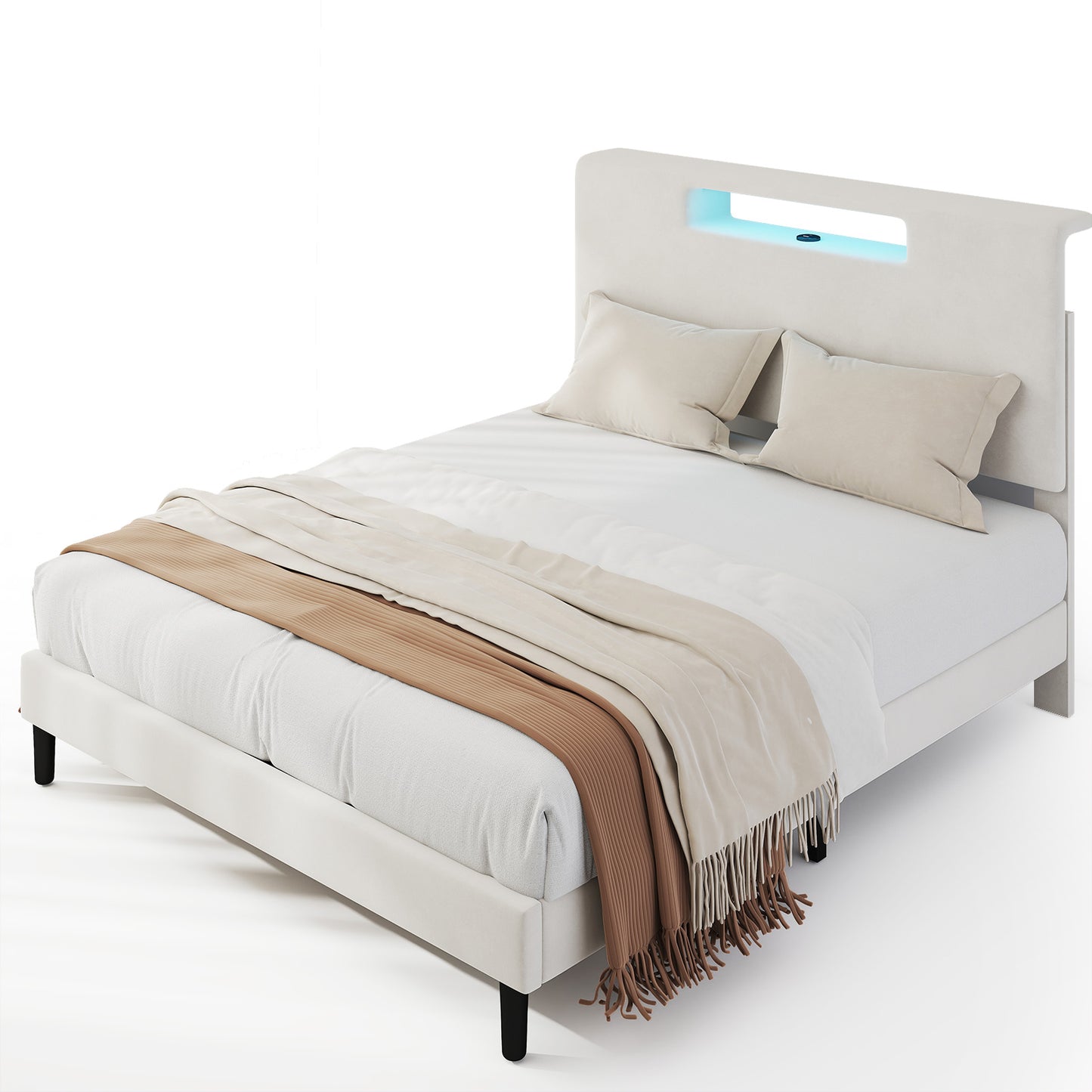 Full Size Upholstered Bed Frame With High Headboard Adjustable LED Lights Charging Port Wood Slat Support Platform Bed Frame With Storage Function No Box Spring Needed Easy Assembly