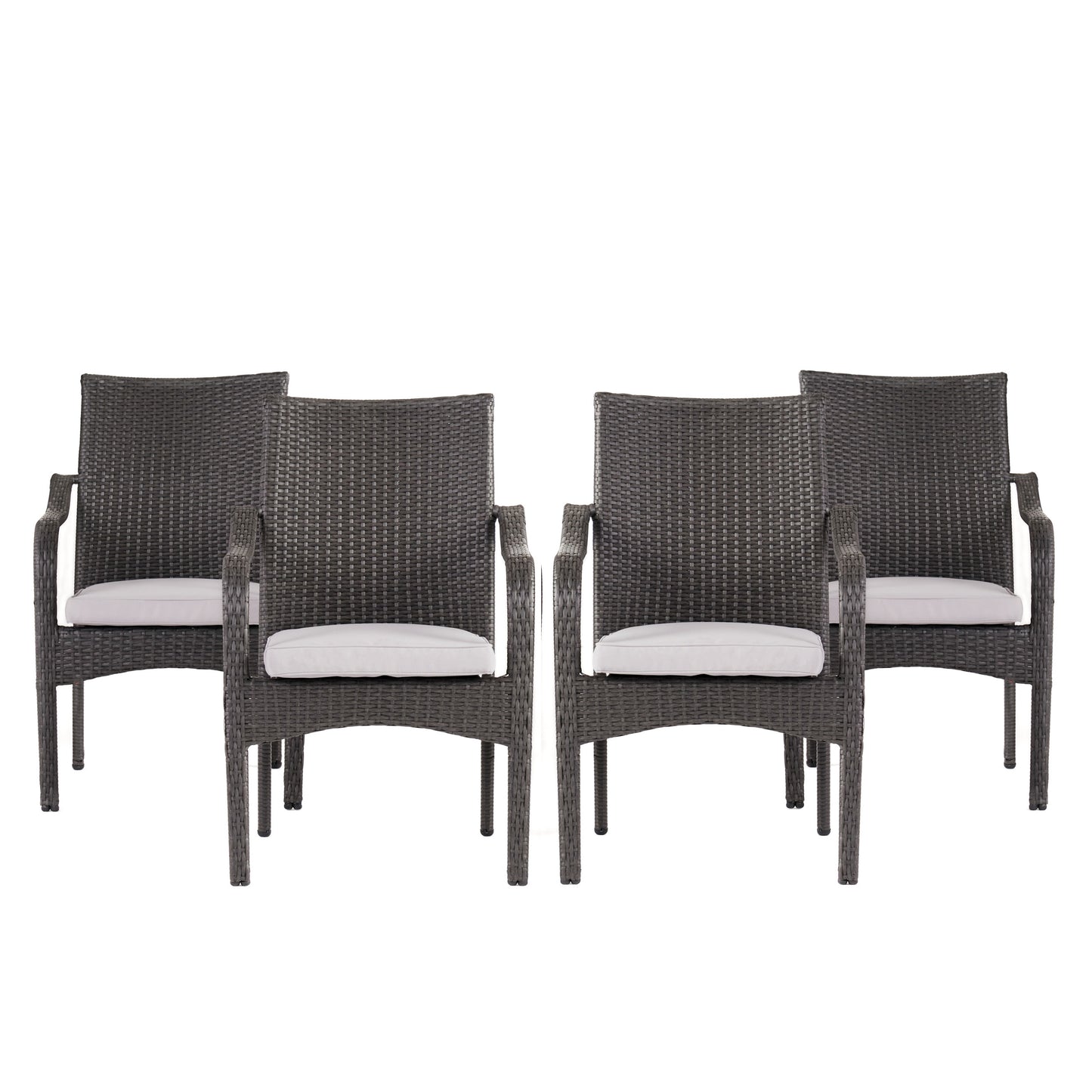 Outdoor PE Rattan Stacking Chair With Iron Frame And Cushions Set Of 4 , Grey Wicker