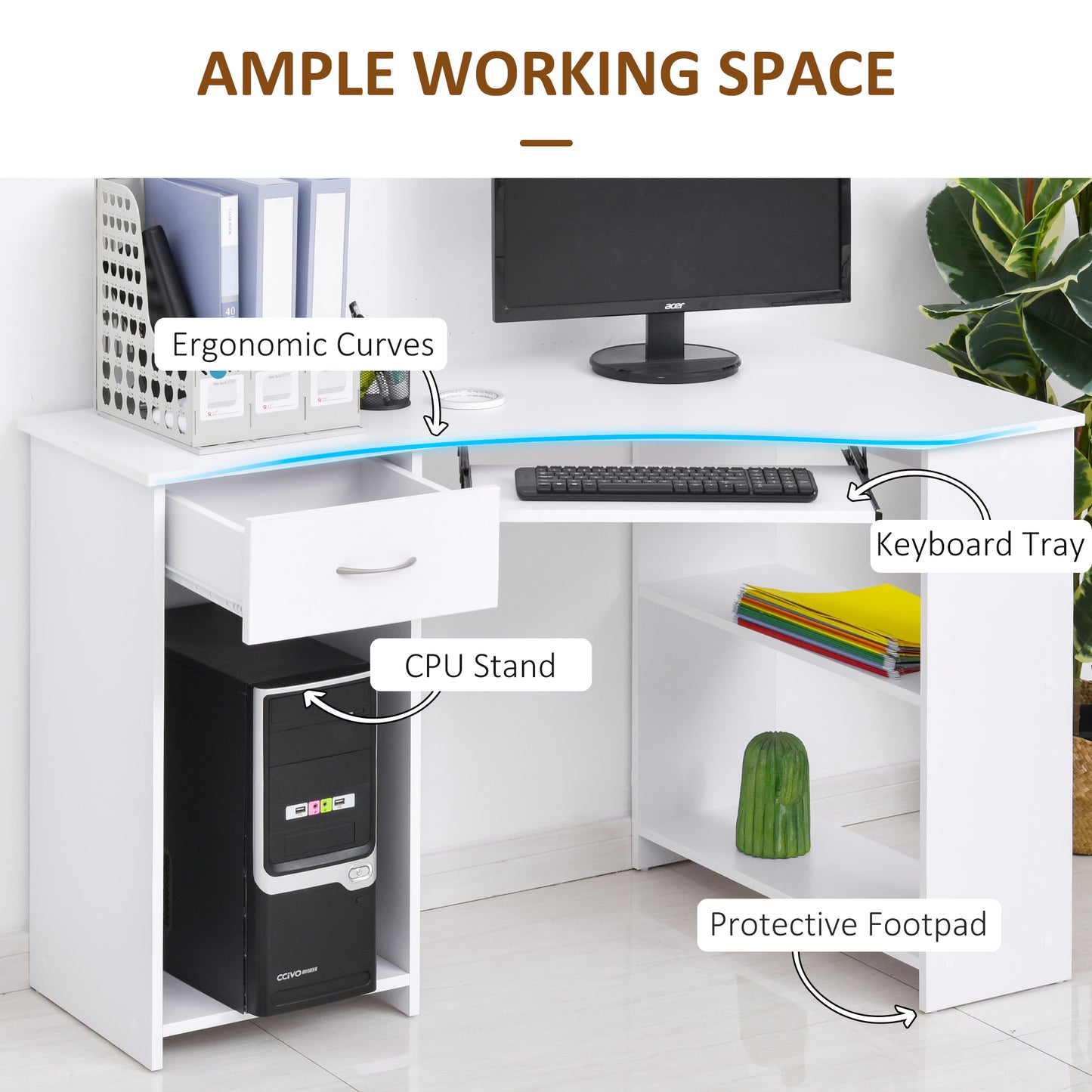 L-Shaped Corner Computer Desk W/ 2 Shelves Wide Worktop Keyboard Tray Drawer & CPU Stand Home Office Study Bedroom Furniture White