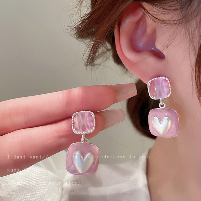 Sweet Textured Heart Flower Earrings Women Silver Needle Cat Eye Pearl Studs Fashion Jewelry