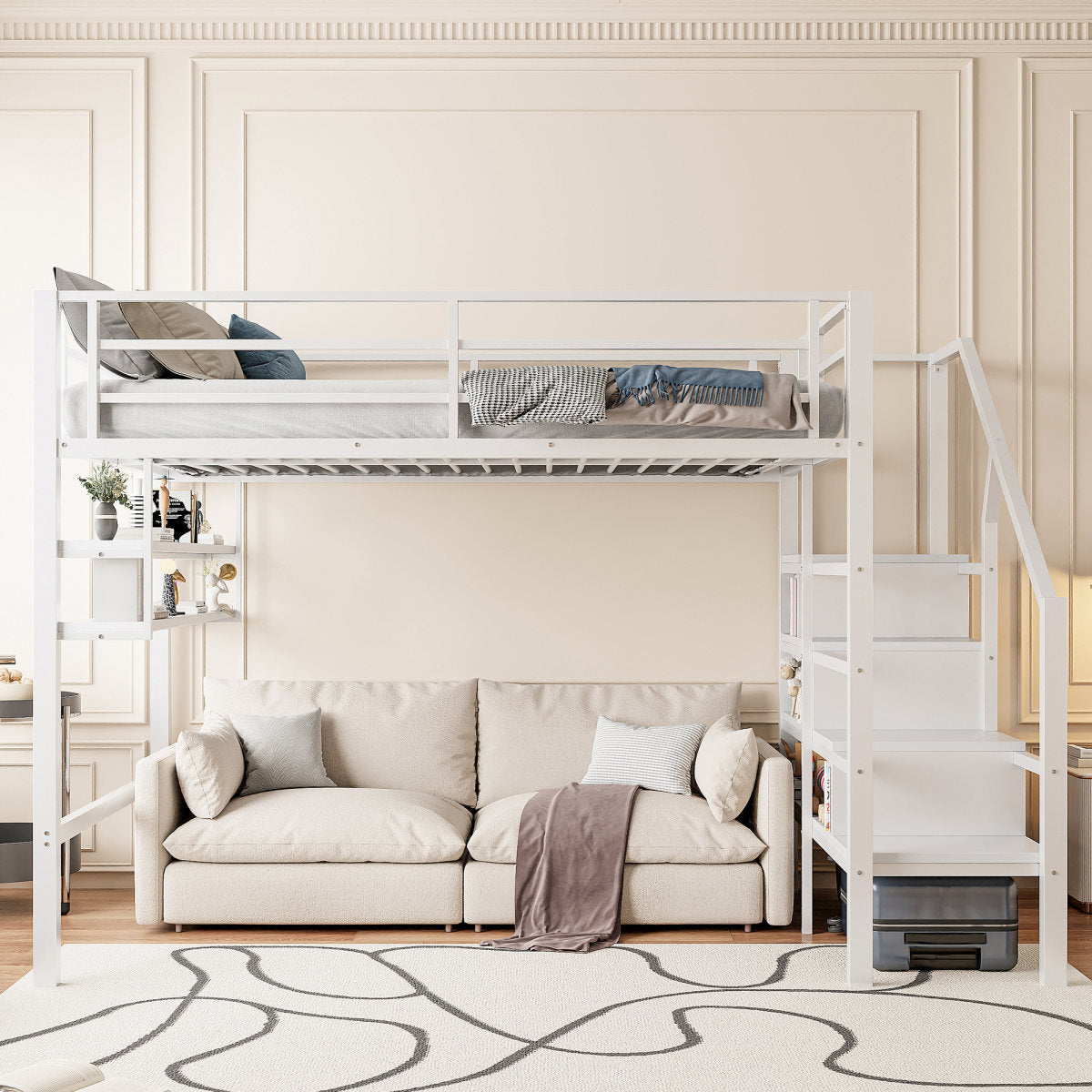 Loft Bed, 140x200cm, Shelves, Storage Ladder, Free Space Under The Bed For Dressing, Railing, Without Mattress, White