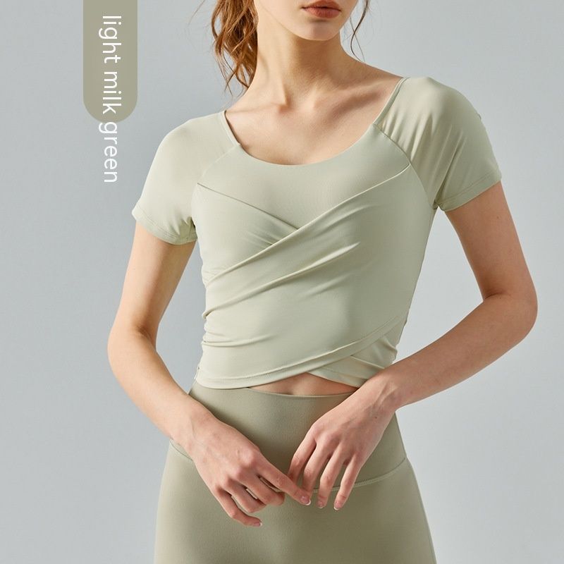 Cross Pleated Slim Fit Yoga Short Sleeve With Chest Pad