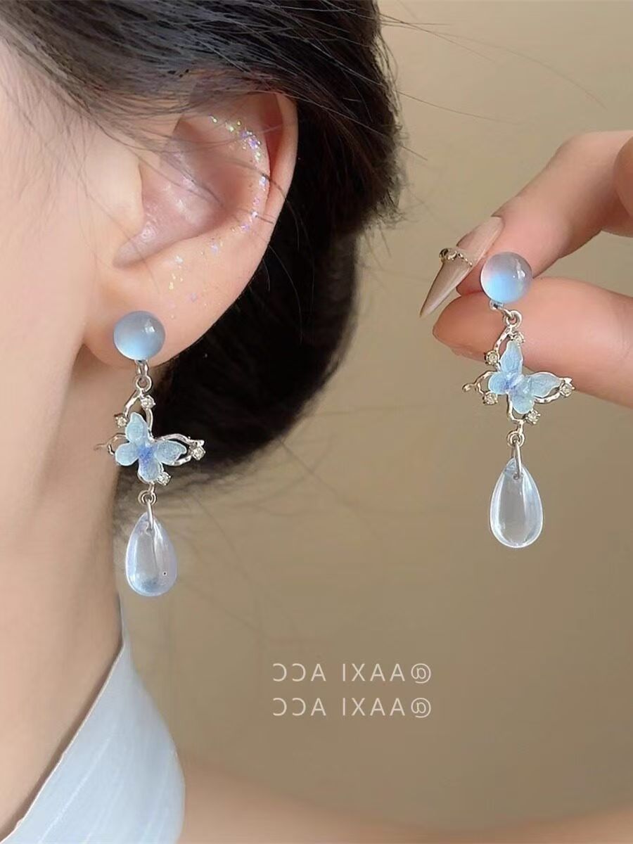 Cool Blue Sweet Butterfly Earrings For Women, New Chinese Retro Niche Design Versatile Ear Jewelry
