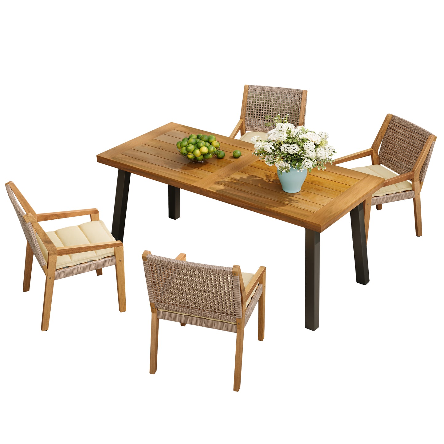 Outdoor Dining Set -Premium Acacia Wood Della Table & Wicker Chairs With Cream Cushion For Comfortable Dining Experience,Suitable For Large Gatherings 1 Table 4 Chairs