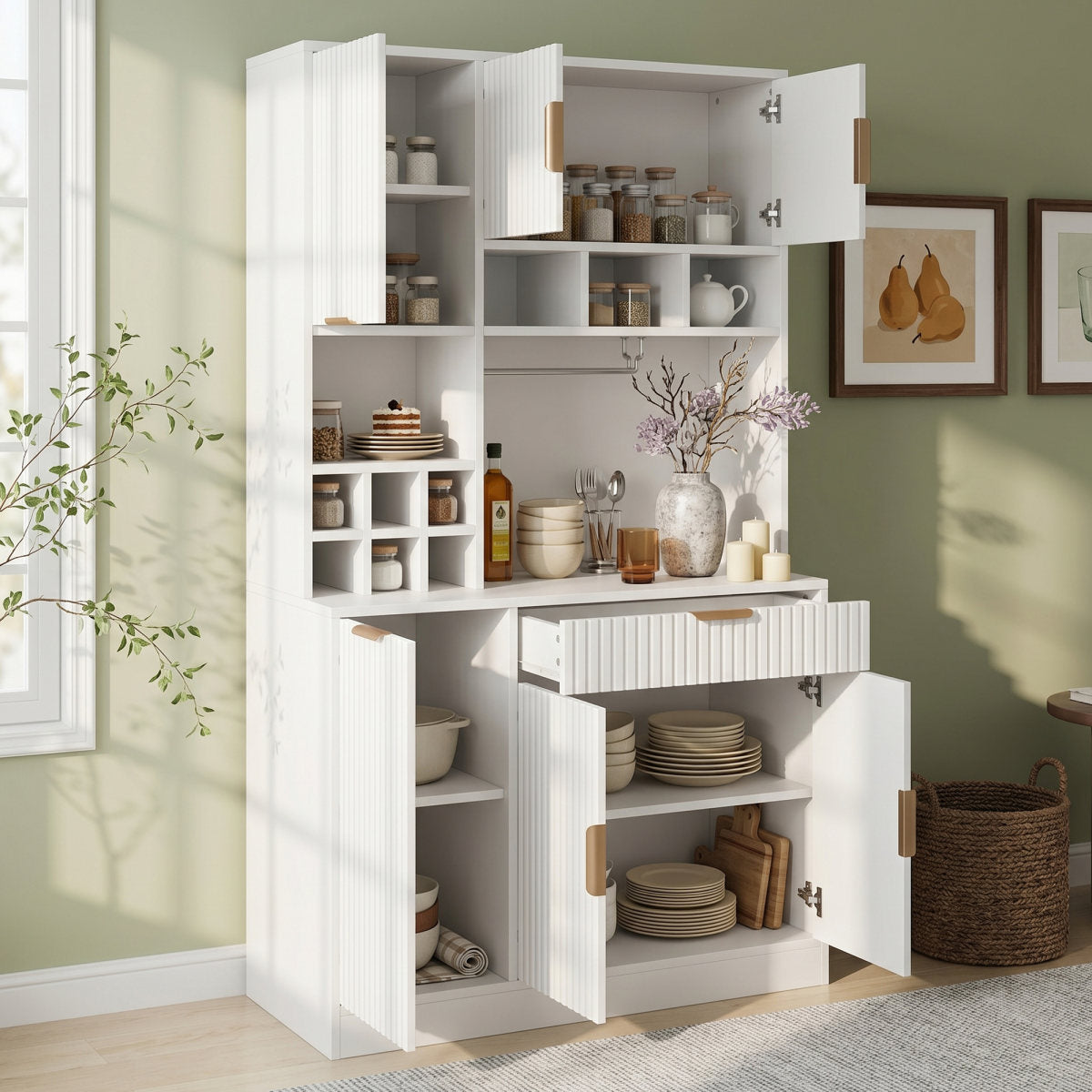 Sideboard, Dining Room Tall Cabinet 100x40x175 Cm, Multi-tiered Storage Space, Integrated Power Outlet And USB-C And USB-A Ports, Including Wine Glass Rack And Bottle Storage, White