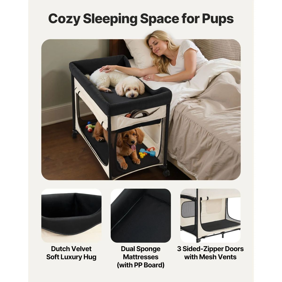 Elevated Lounge Dog Bed XL, Foldable Raised Dog Bed Cot For Large Dogs & Cats, Portable Pet Bed With Wheels, 600D Oxford Cloth & Dutch Velvet Cushion, Indoor & Outdoor Dog Bed With Side Storage Bags,