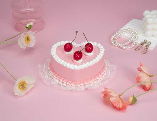 Stylor Coquette Room Decor Aesthetic, Heart Shaped Jewelry Box for Girls, Fake Cherry Pink Cake, Cute Kawaii Decorative St...