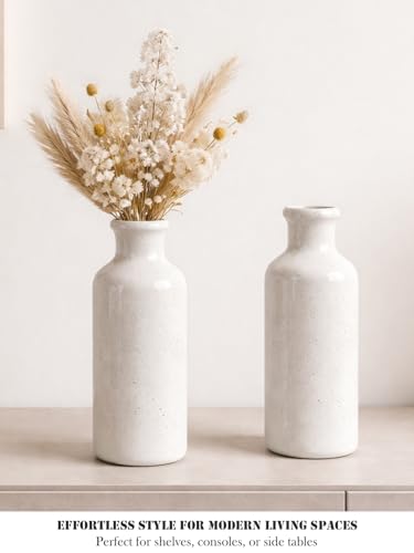 Sikkis Small White Speckled Ceramic Vase Set of 3, Decorative Modern Vases for Shelf, Table, Living Room, Dried Flowers