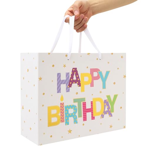 Qirrmiy 13'' Large Happy Birthday Gift Bag Set with Handles, Greeting Card, White Tissue Papers and Stickers for Women Gir...