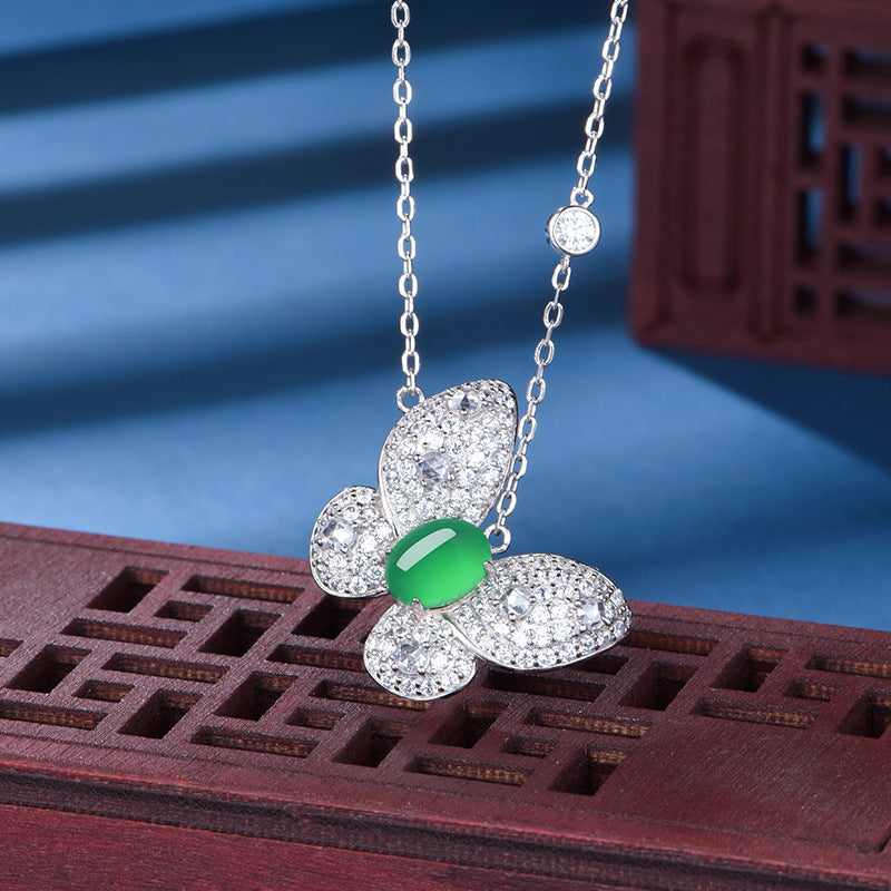 S925 Sterling Silver Butterfly Necklace, 8x6mm Oval Green Chrysoprase Pendant, Platinum Plated 45cm Chain, 5.0g Elegant Women's Jewelry With Gift Box
