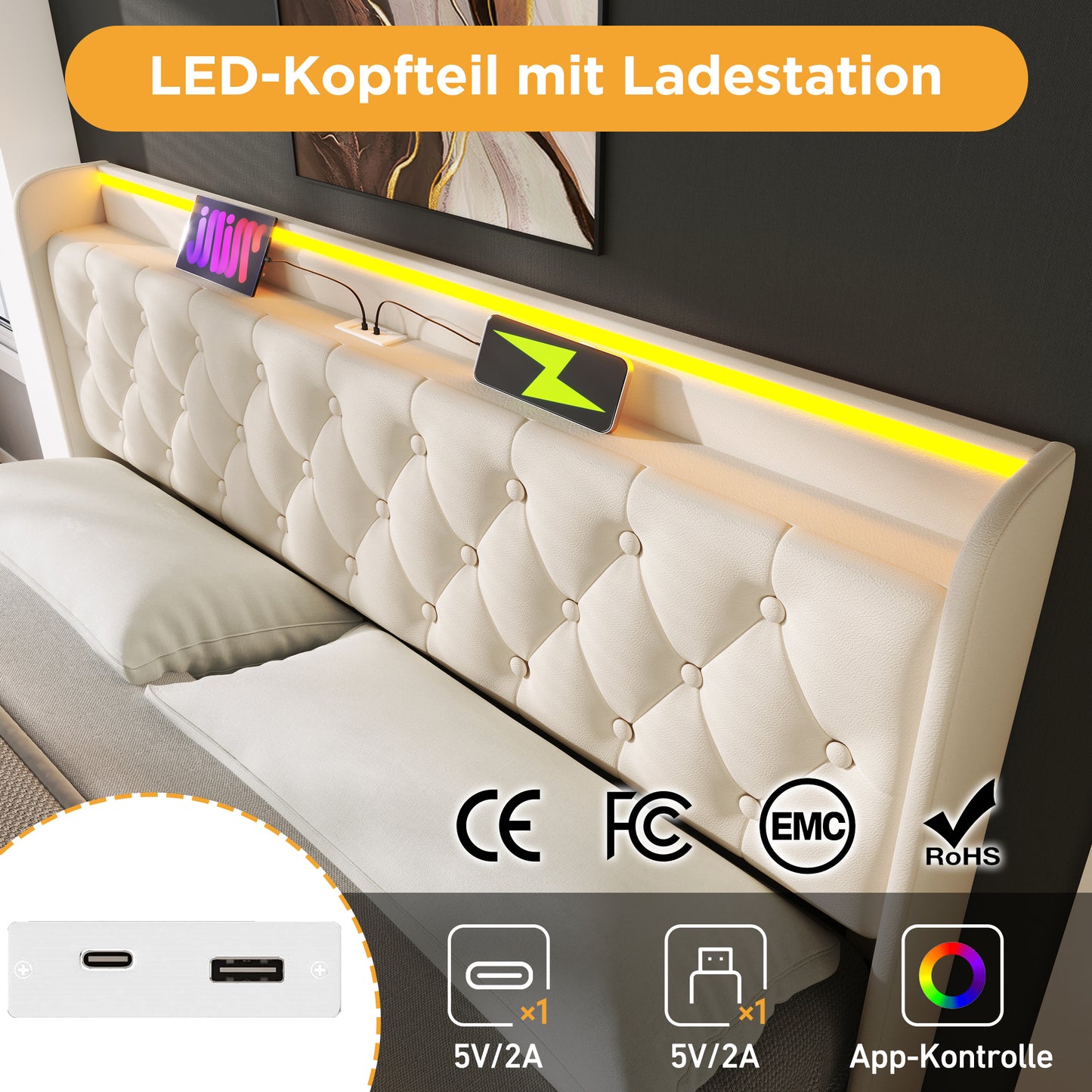 Upholstered Bed Double Bed, 360 Surround LED Function, Push Button App Remote Control, 180x200 Cm, White PU Material Hydraulic Camp Bed, Padded Headboard With USB Type-C Charging Function Without Mat