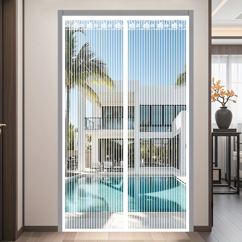 Summer Magnetic Screen Door - White Striped, Easy To Install, Strong Magnet, Automatically Closes Mosquito Net Curtain, Pet Tested, Suitable For Bedroom, Kitchen, Living Room, Dining Room And Balcony,