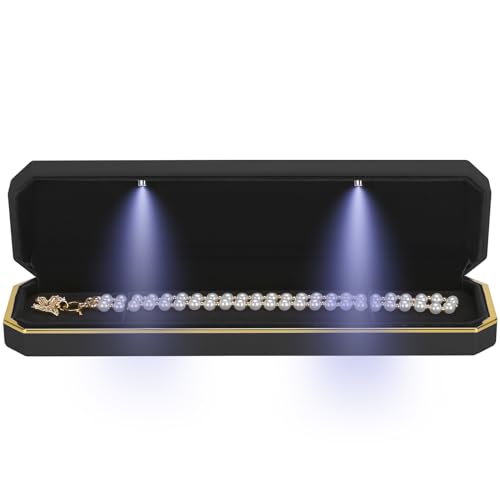 Luxury LED Necklace Long Chain Gift Box with LED Light, Velvet Jewelry Box Storage Case Organizer Holder (Black)