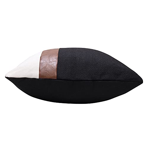 cygnus Set of 2 Faux Leather and Linen Throw Pillow Covers 22x22 Inch Black and White Modern Decorative Accent Cushion Cov...