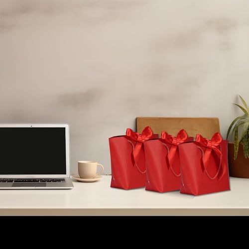 Aosric 12 Pack Red Tote Gift Bags with Bow Ribbon – 7.48x3.54x7.9 Elegant Small Cardstock Gift Bag with handles & Base Sup...