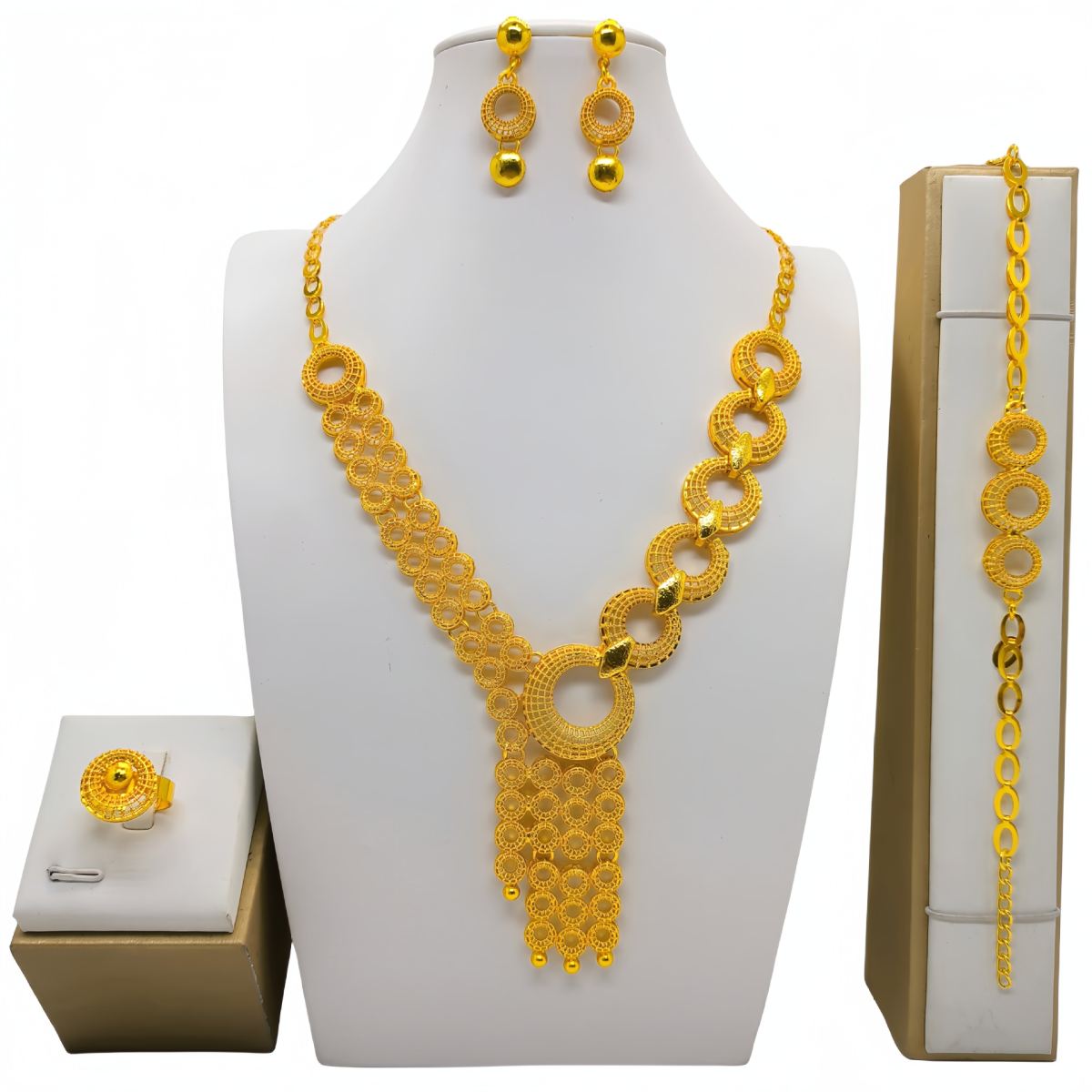 Saudi Arabia 24k Gold Accessories African Bridal Necklace Earring Ring Bracelet Suit