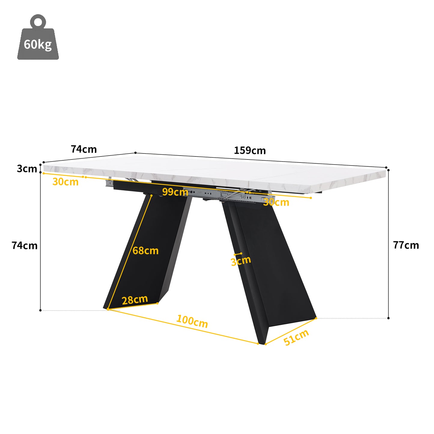 Telescopic Dining Table 99-159X74cm , Extendable Dining Table, Space-Saving Kitchen Table, Wide Work Surface, Flexible Design, For Home Office And Living Room, White Table Top With Flat Table Legs