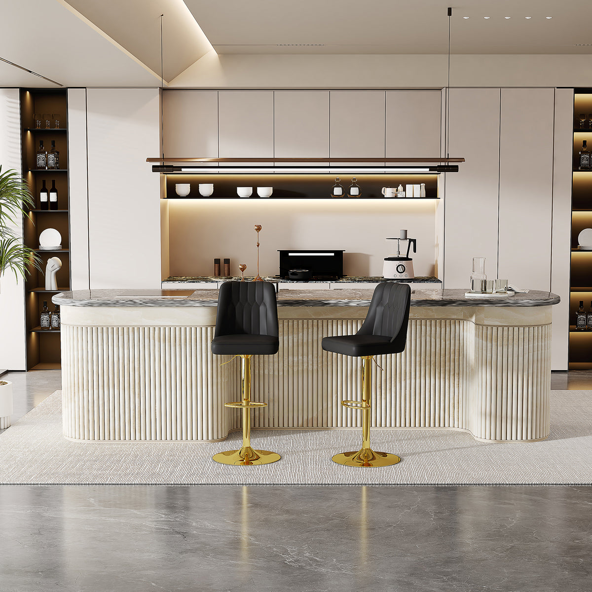 Height-adjustable Bar Stool In Set Of 2, 360 Swivel, Backrest With Black PU Leather And Quilted Pattern, Legs Made Of Golden Metal. Suitable For Kitchen Islands And Bar Counters.