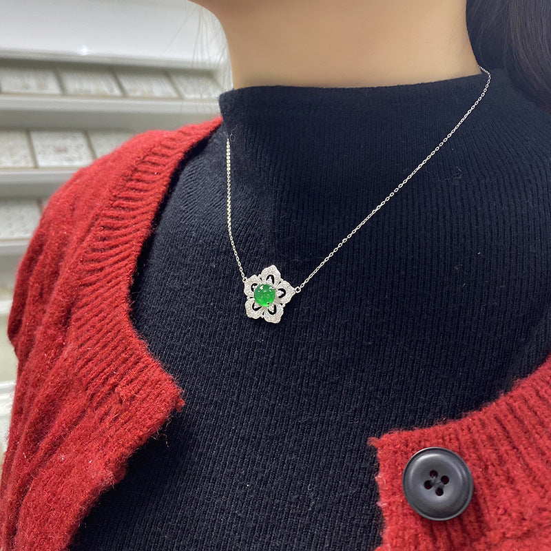 S925 Sterling Silver Flower Clover Necklace, 8mm Round Green Chrysoprase Pendant, Platinum Plated 45cm Chain, 4.5g Elegant Women's Jewelry Gift Set