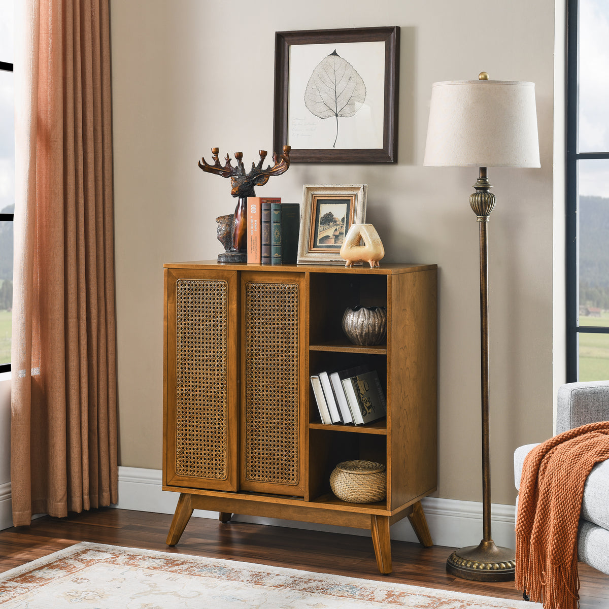 Mid Century Modern Rattan Sideboard Cabinet, Buffet Cabinet For Entryway Hallway Living Room Kitchen Dining Room, Adjustable Shelf & Solid Wood Feet & Rattan Cabinet Doors - Light Wood