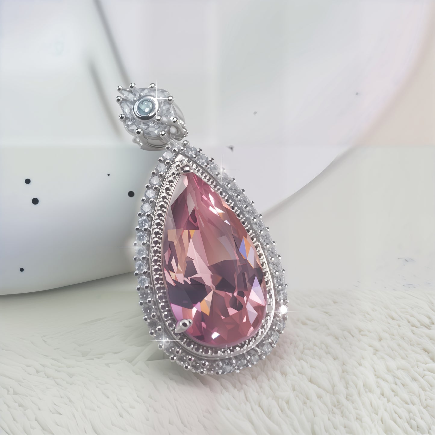 Luxury Pear Shape Pink Morganite Drop Necklace, Silver Plated CZ Halo Pendant For Anniversary & Formal Party Gifts