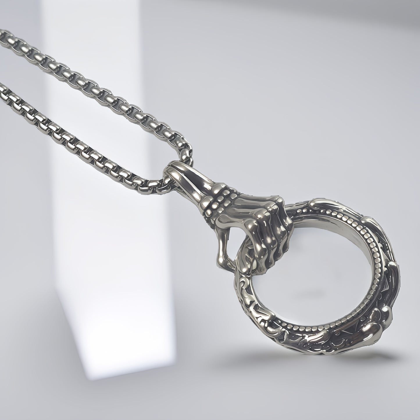Antique Gothic Skeleton Hand Clutch Ring Pendant Necklace For Men, Copper Plated Silver Vintage Scroll Engraved Biker Punk Dark Style Jewelry Gift
