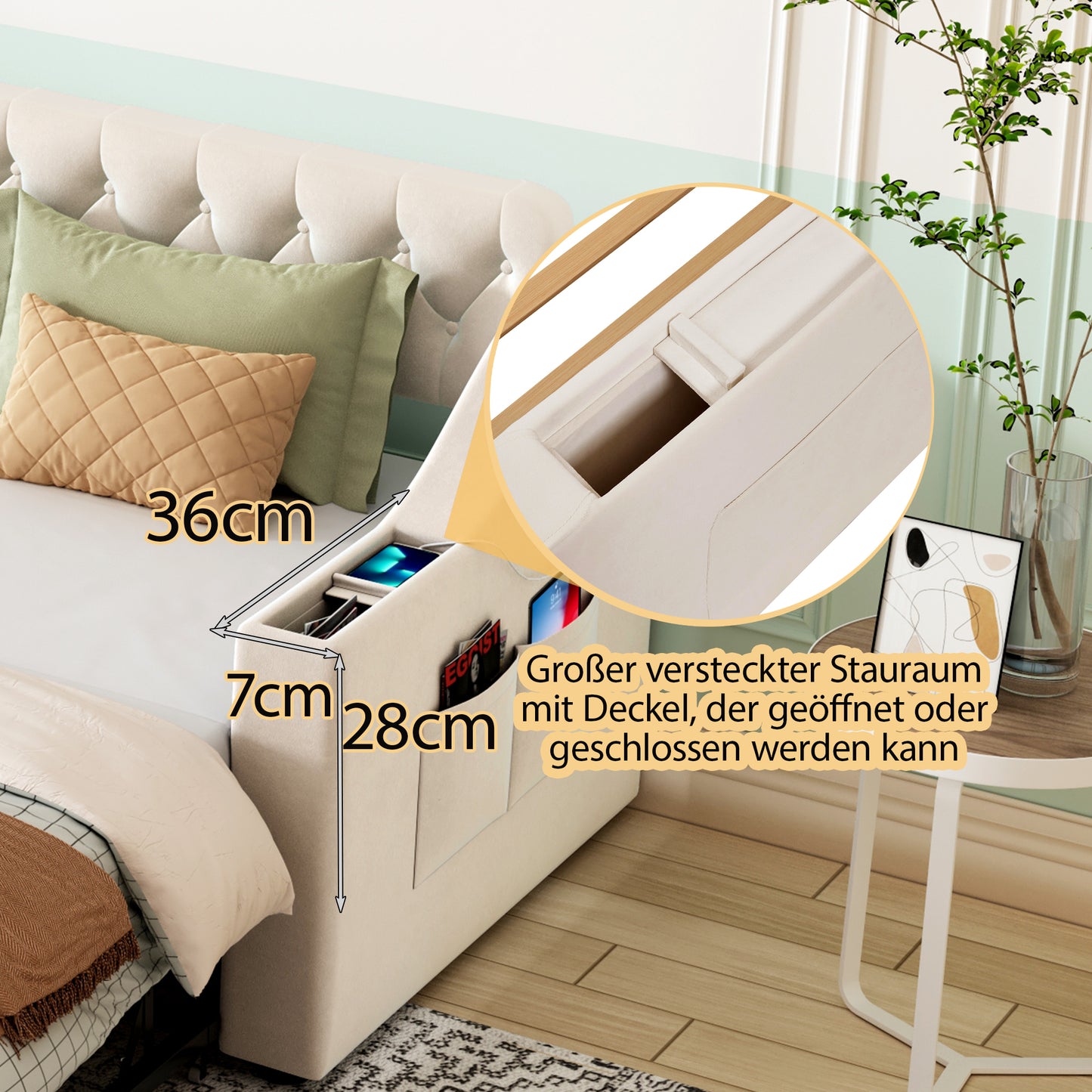 Upholstered Bed Sofa Bed, 90 180x190 Cm, Wider And Thicker Armrests With USB Charging Port, Integrated Shelf In The Armrests, With Storage Pockets, With Slatted Base, Velvet Fabric, Beige