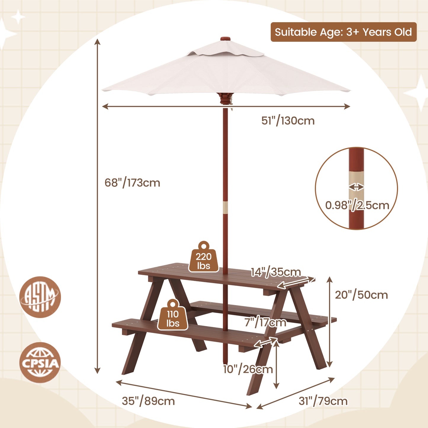 Outdoor 4-Seat Kid's Picnic Table Bench With Umbrella