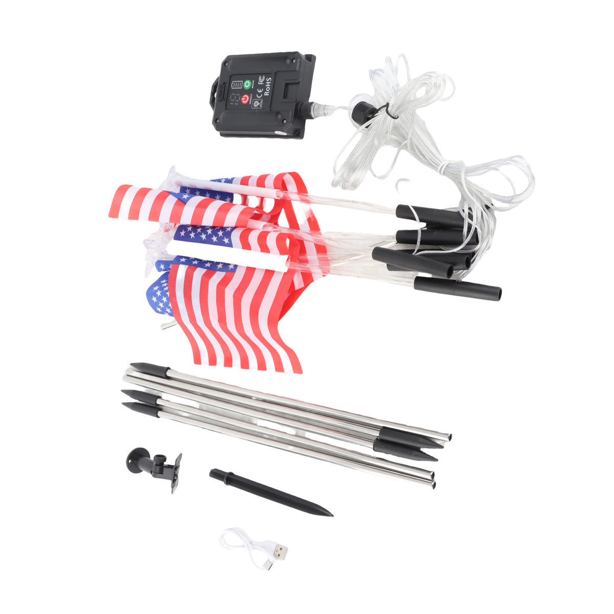 Solar US Flag Lights Red White Blue 8 Modes Independence Day Decor
