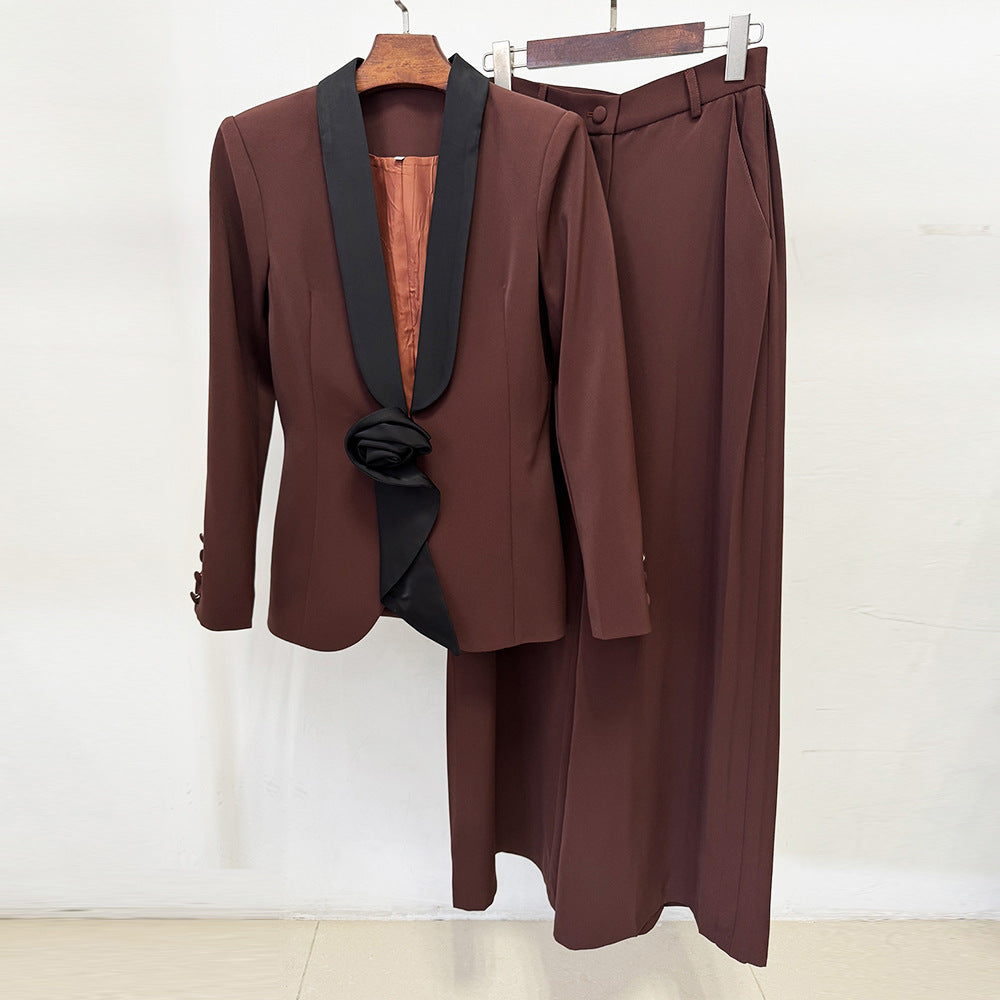 Satin Lapel 3D Floral Decor Blazer & Wide Leg Floor Pants 2-Piece Suit Set
