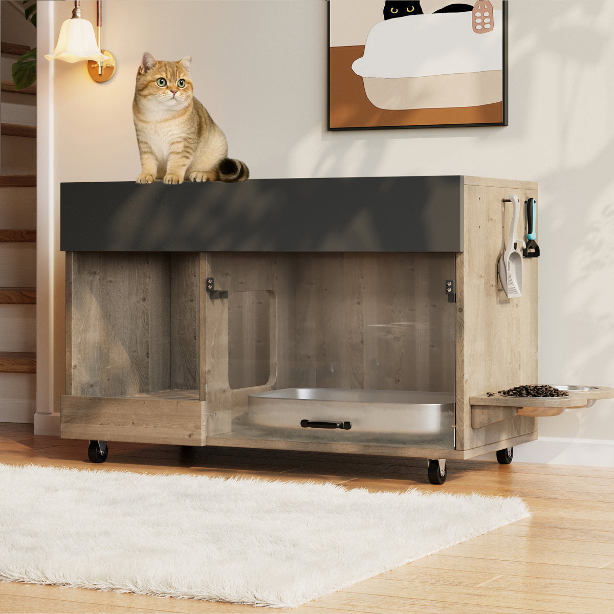 Movable Litter Box Cabinet Litter Box Cabinet With Cat Food Plates, Sand Drip Tray, Perforated Plate With Hook Holes, Without Litter Box, 1 0 0x45.5x67 Cm Antique Grey-brown Colour, Oak Wood Colour