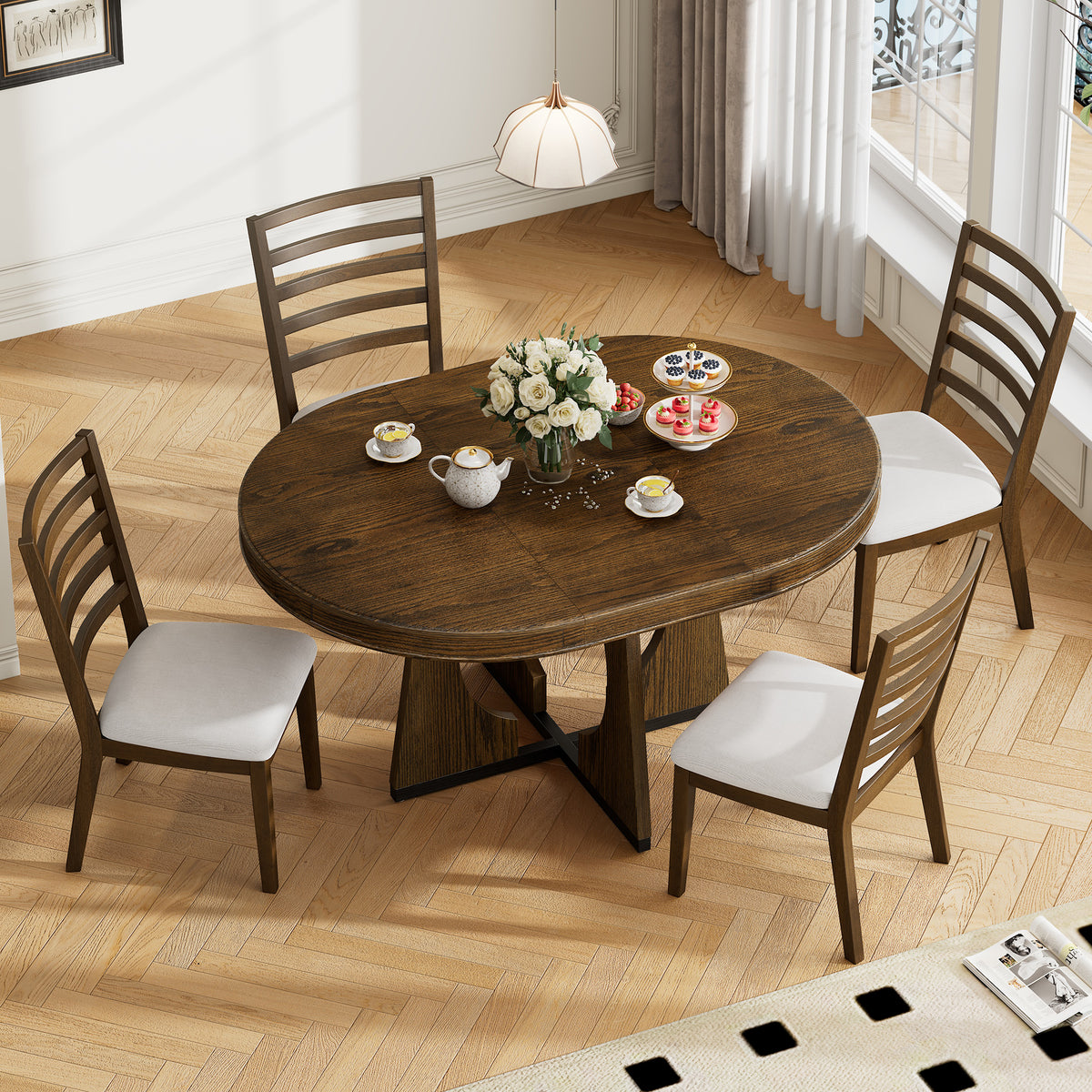 TREXM Round Dining Table For 4 With Chairs Set Extendable Dining Table Set With 16 Removable Middle Leaf 5 Piece Retro Dining Table Set Unique Geometric Design For Kitchen Dining Room Walnut