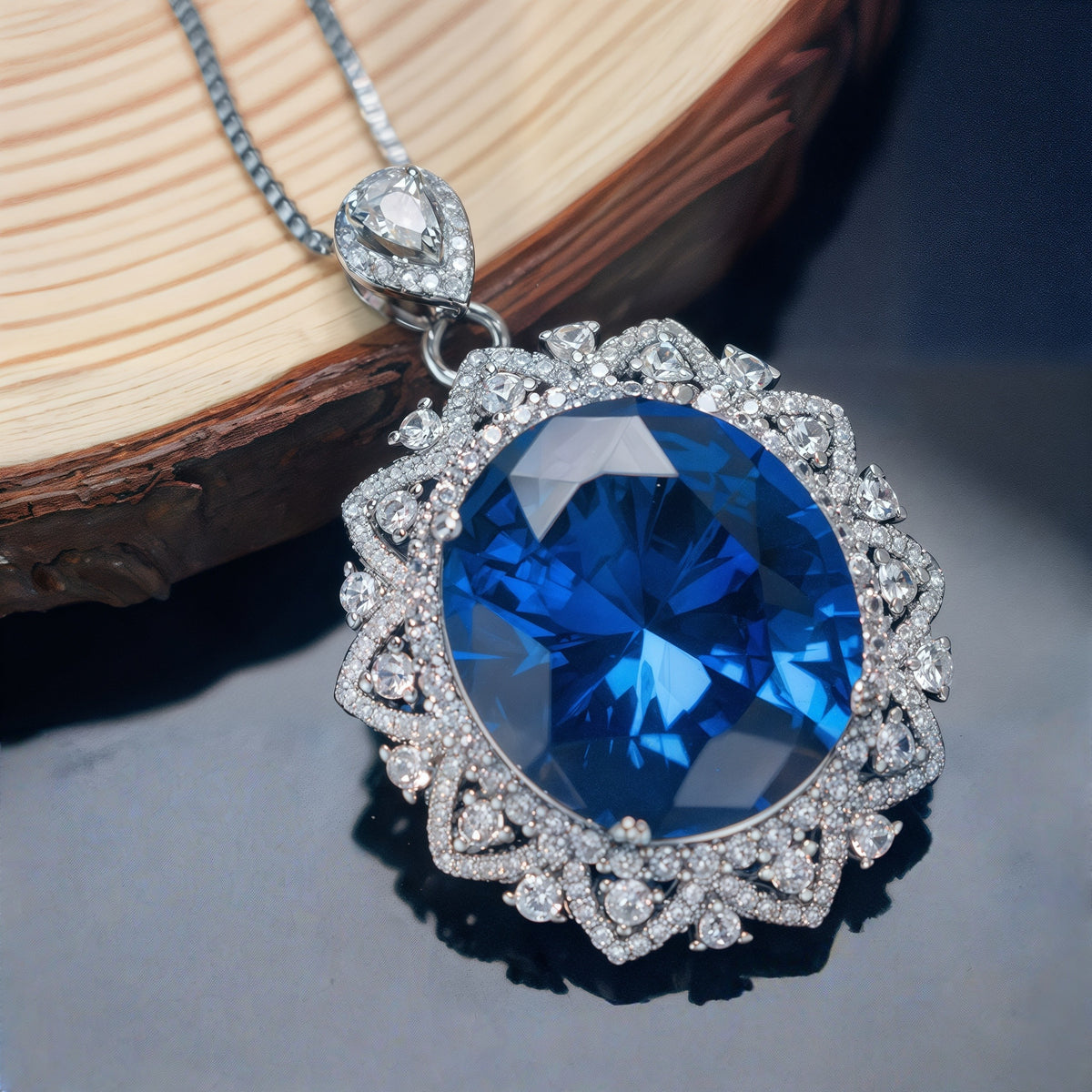 Oval Cut Royal Blue Simulated Sapphire Double Halo Pendant Necklace For Women, Copper Plated Silver White CZ Vintage Floral Halo Wedding Bridal Statement Jewelry Gift
