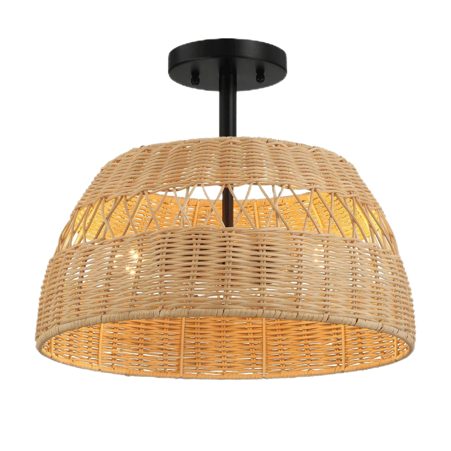 Twinkle Double Lights Semi Flush With Rattan Shade Black Metal Finish For Farmhouse Style Decor 12.6 H X 15 W X 15 D