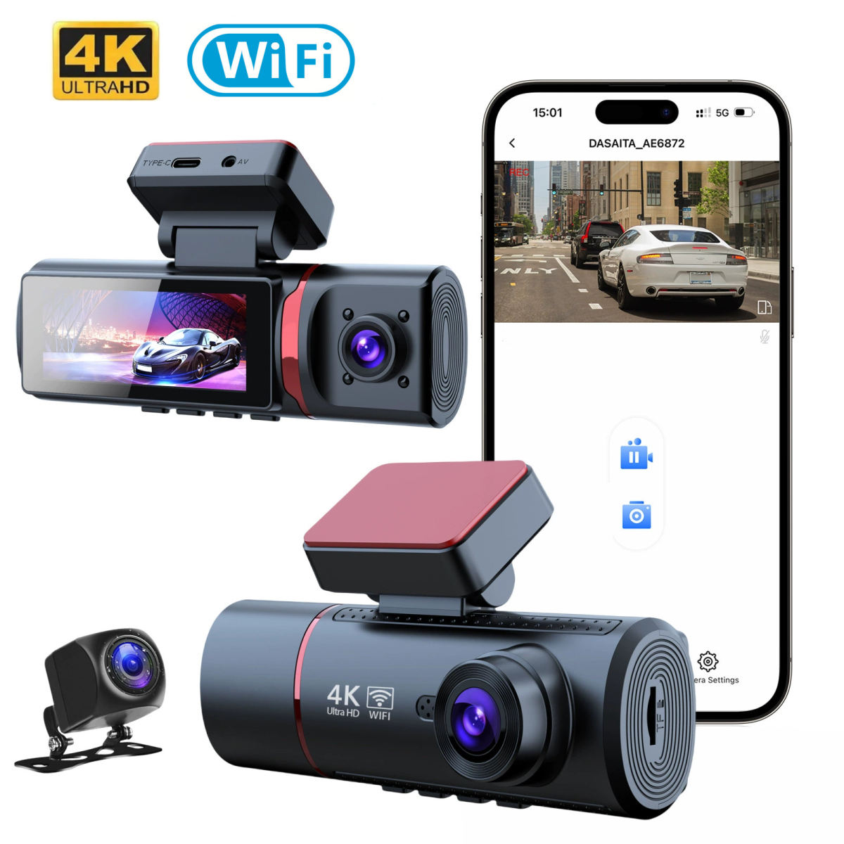 Driving Recorder 4K HD Front And Rear Three Recording WIFI Mobile Phone Interconnection
