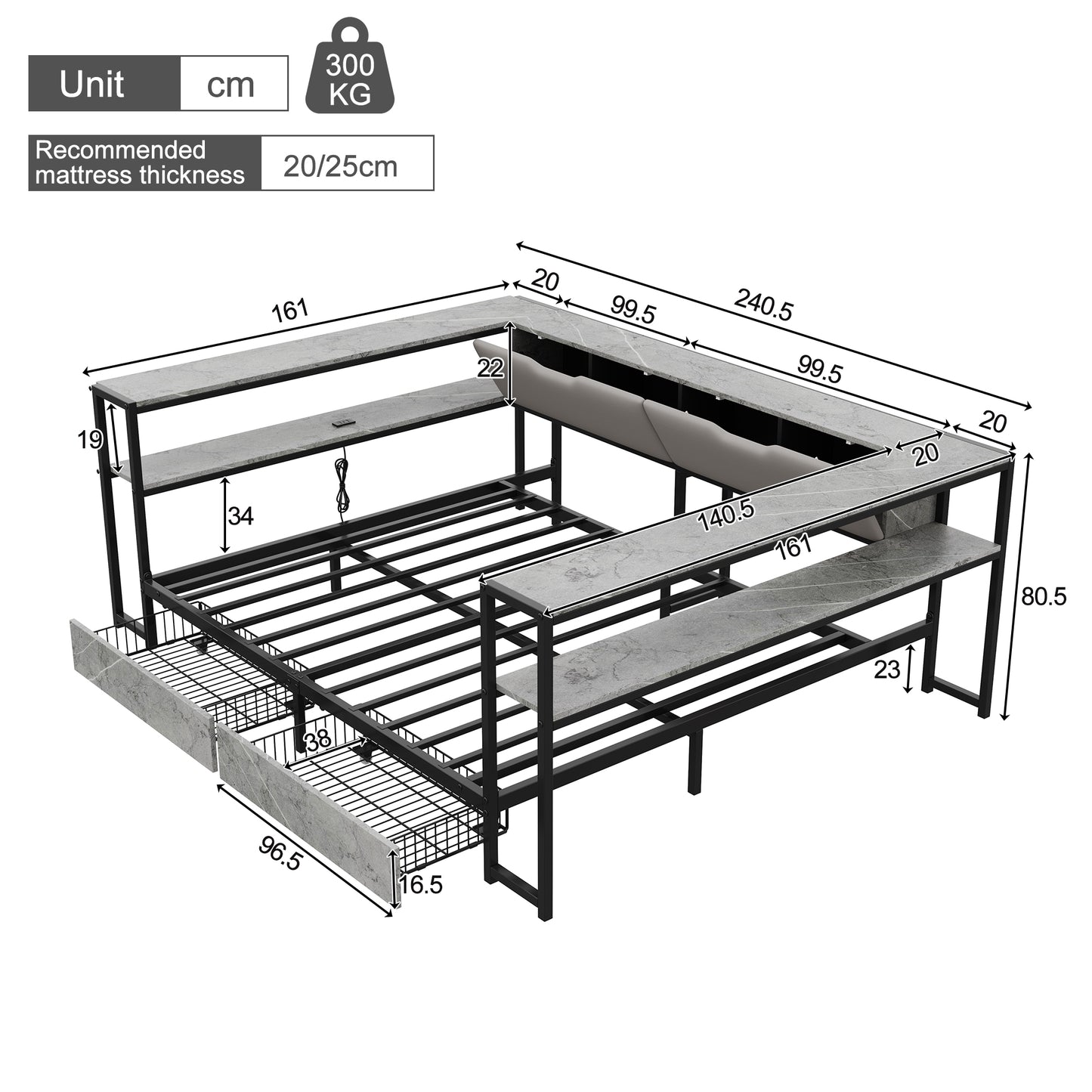 Upholstered Bed Sofa Bed Daybed 140x200 With USB&Typec Charging Station, Daybed, Youth Bed With 2 Drawers And Metal Slatted Base, Concrete Colour