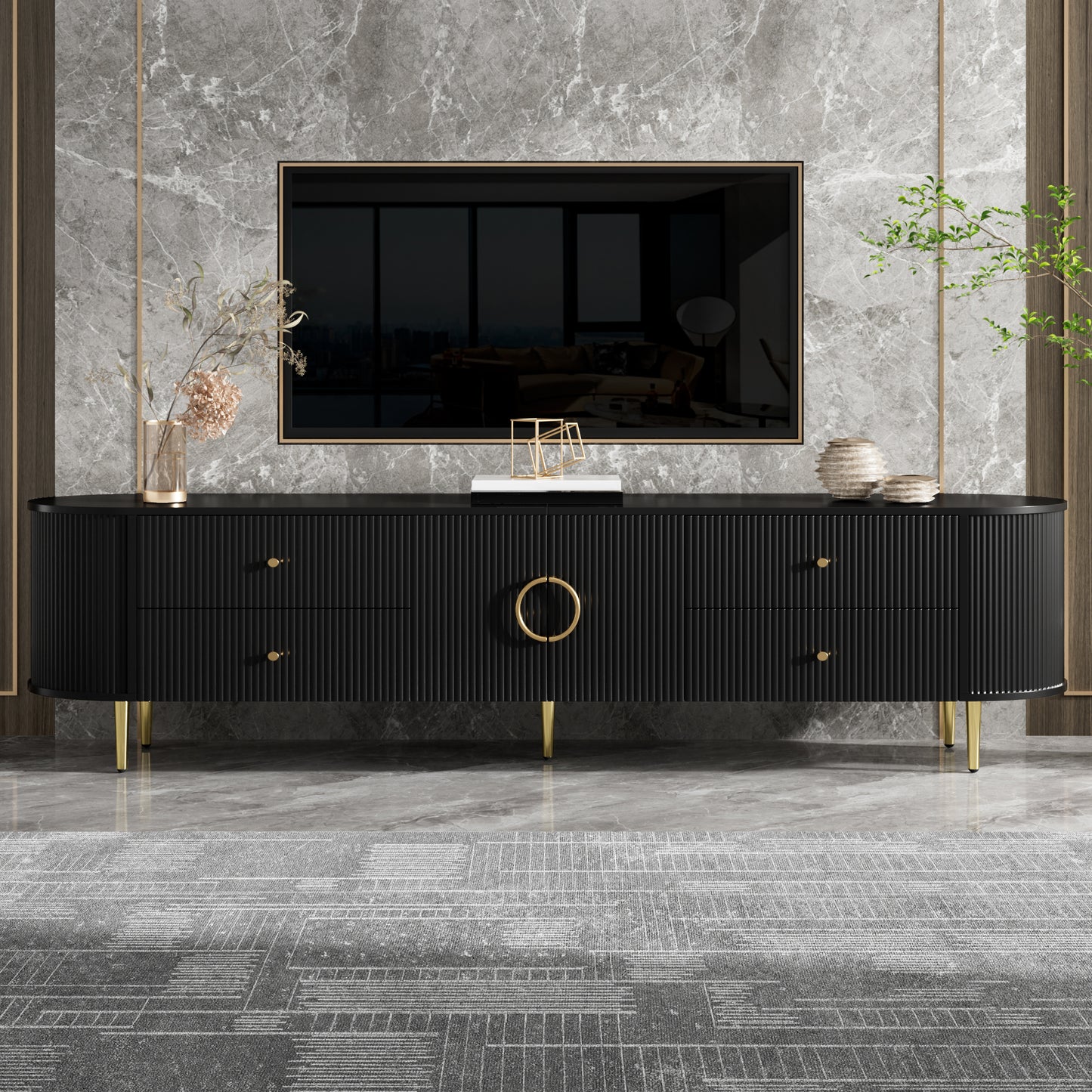 TV Cabinet, Lowboard, Three-dimensional Wave Structure, Rounded Edges, MDF Body, Aluminium Handles, Iron Feet, Fixed Shelf, Cable Outlet, Living Room