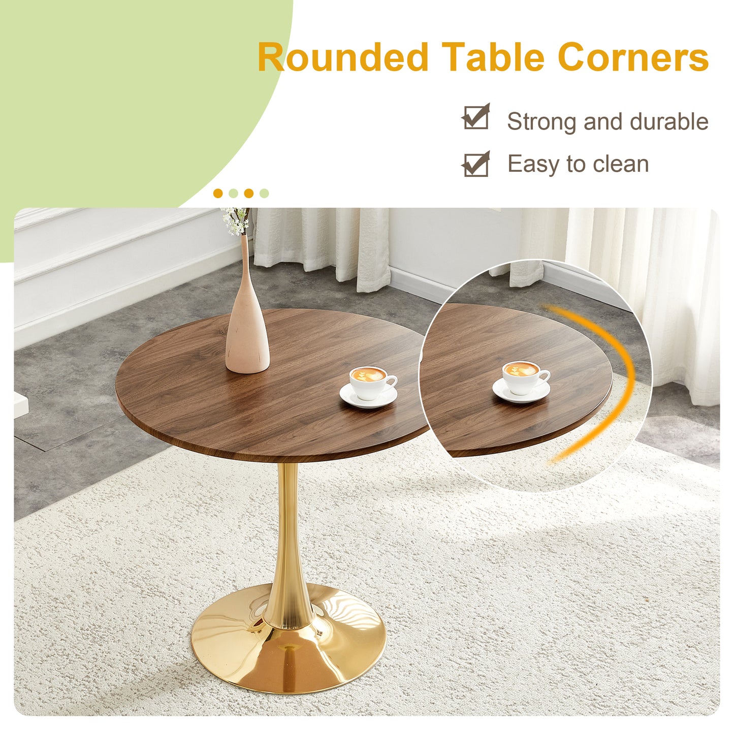 Round Dining Table, 31.5in Circle Tulip Table With Thickened Tabletop & Metal Pedestal, Mid Century Modern Bistro Table For Kitchen, Small Places, Living Room, Cafe Faux Walnut
