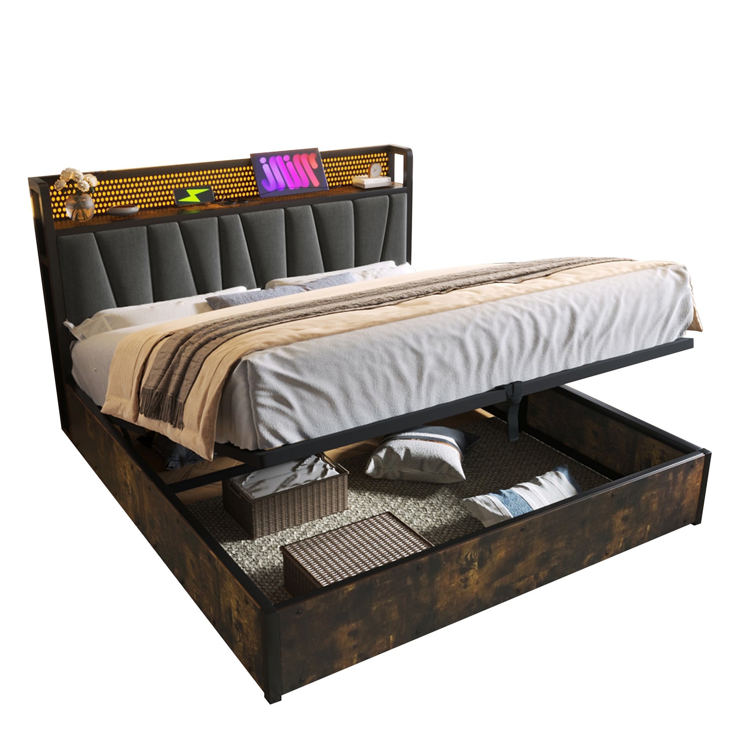 Upholstered Bed Metal Bed LED App-Control Double Bed With Charging USB Charging Headboard And LED Lighting, Metal Bed 180x200cm Wooden Slatted Frame, Grey Without Mattress