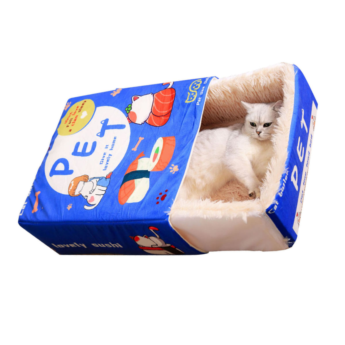 Snack Box Cat Bed Cartoon Rectangular Fully Enclosed Four Season Universal Multifunctional Soft Pet Bed For Home Travel Blue