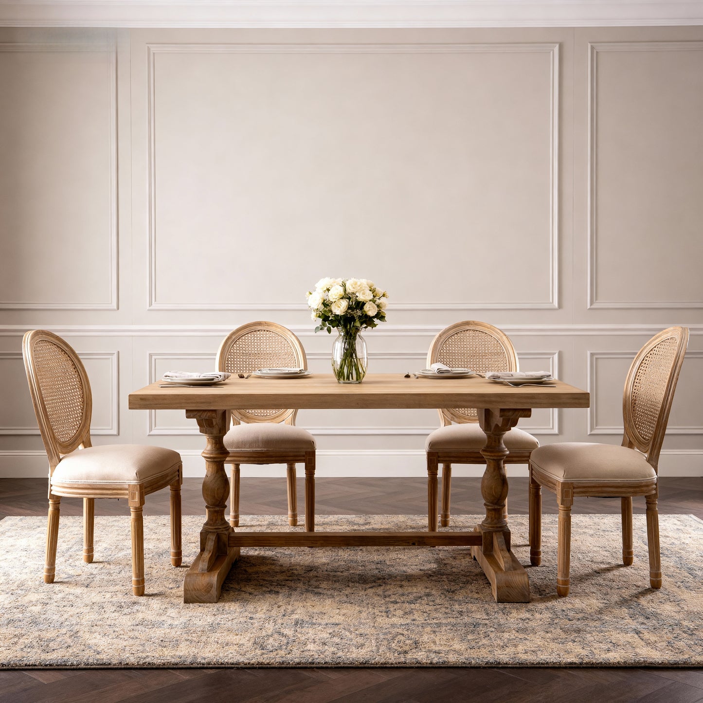 French Country Dining Chairs Set Of 2, Upholstered Chairs With Round Back, Wire Drawing Techniques , For Living Room, Kitchen , Restaurant Use, Beige